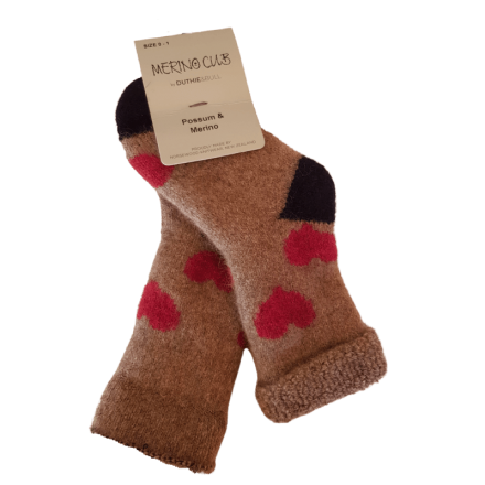 Possum Merino Socks for Baby | Wheat with Red Hearts